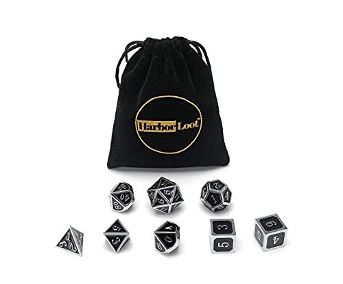 Harbor Loot Full Metal Dice Set Plus Extra D6 Total Eight Dice Metal Polyhedral Dice Set Black and Silver Dice