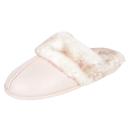 Jessica Simpson Women's Comfy Faux Fur House Slipper Scuff Memory Foam Slip on Anti-Skid Sole, Pink, Small
