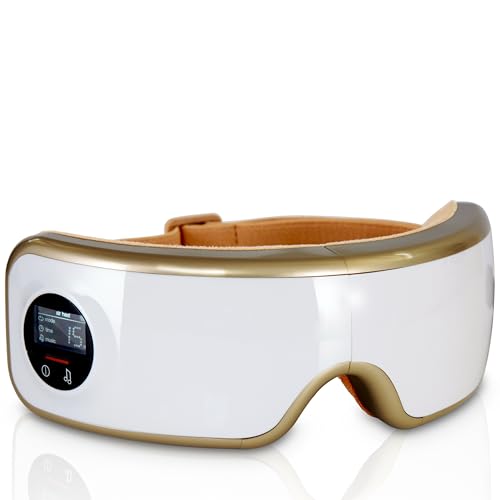 SereneLife Smart Eye Massager with Heat and Compression, Vibration, Music, Wireless Heated Mask for Migraines and Stress Therapy (Legacy Gold)