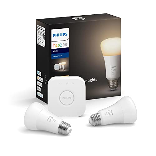 Philips Hue White A19 60W Equivalent Dimmable LED Smart Bulb Starter Kit (2 A19 60W White Bulbs and 1 Hub Compatible with Amazon Alexa Apple HomeKit and Google Assistant), 2 Pack