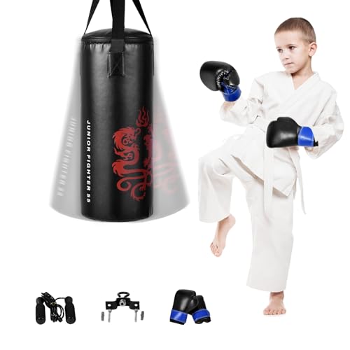 GYMAX Kids Punching Bag Set, Prefilled Junior Kick Boxing Bag Kit with Gloves & Jumping Rope, Heavy Duty Wall Mounted Punching Bag for Youth MMA, Martial Kungfu Thai Training (22 LBS)