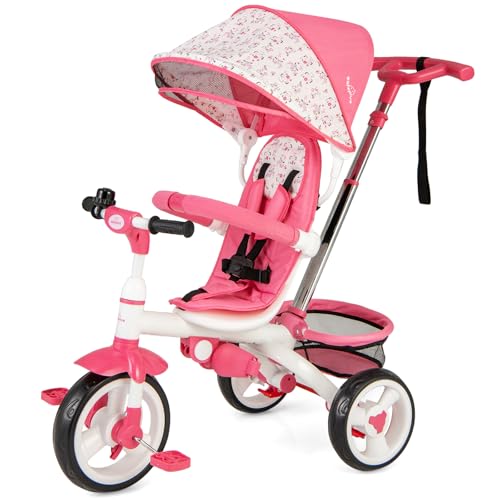 Costzon Tricycle for Toddlers, 6 in 1 Trike w/Parent Handle, Adjustable Canopy, Storage, Safety Harness & Wheel Brakes, Baby Push Tricycle Stroller for Kids Boys Girls Aged 9 Month-5 Years Old, Pink*