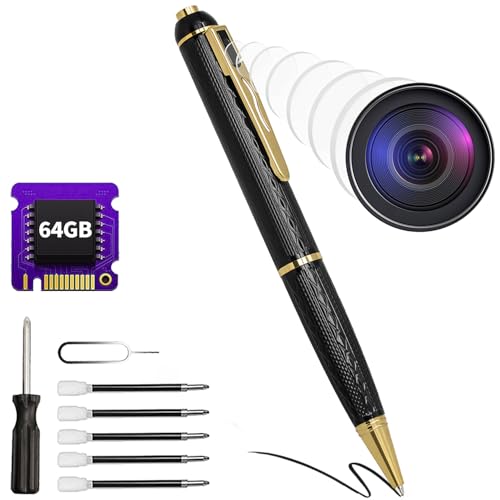 1080P Hidden Camera with 64GB, FHD Spy Camera Pen Nanny Video Recorder, Mini Pen Camera with 280 minutes Battery Life, Rechargeable Small Pocket Cam, Security Body Camera for Home, Baby Monitoring