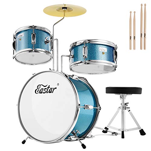 Kids Drum Set Eastar 3-Piece for Beginners, 14 inch Drum Kit with Adjustable Throne, Cymbal, Pedal & Two Pairs of Drumsticks, Junior Drum Set with Bass Tom Snare Drum, Metallic Sky Blue