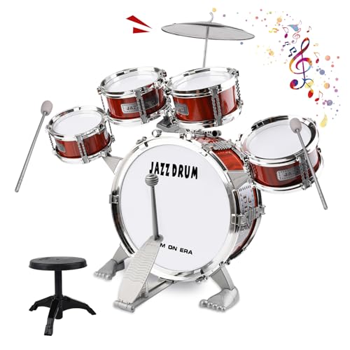 Toddlers Drum Set Kids Drum Toy Jazz Drum Set 5 Drums with Stool Musical Instruments Toy Birthday Gift for Beginners Boys Girls Kids Age 3 4 5