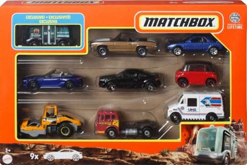 Matchbox Cars, 9-Pack Die-Cast 1:64 Scale Toy Cars, Construction or Garbage Trucks, Rescue Vehicles or Planes (Styles May Vary).