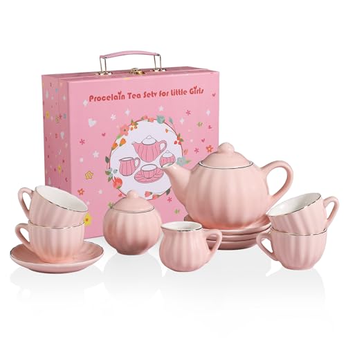 Sweejar Porcelain Tea Set for Little Girls,Kitchen Toys Tea Party Set for Kids Toddler Kitchen Pretend Toy Include Children Teapot, Cup & Saucer Set of 4, Sugar Bowl and Cream Pitcher(Pink)