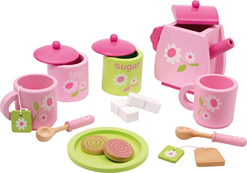 Small Foot 2849 Children Tea Set Flower Pattern Made of Wood, Accessories for The Children's Kitchen, 17 pcs