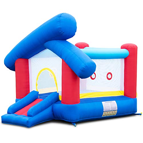 Costzon Inflatable Bounce House, Castle Jumper Playhouse w/Mesh Walls, Slide, Kids Party Jump Bouncer, Indoor Outdoor Use, Including Carry Bag, Repair Kit, Stakes (Castle Style Without Blower)