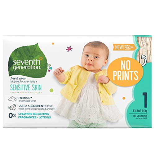 Seventh Generation Baby Diapers for Sensitive Skin, Plain Unprinted, Size 1, 160 Count (Packaging May Vary)