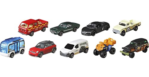 Matchbox 9-Pack Vehicles, Collection of 9 1:64 Scale Die-Cast Toy Cars Featuring Real-World Replicas of Recognizable Vehicles for Collectors and Kids 3 Years Old & Older