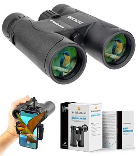 Bird Watching Binoculars for Adults by Smithsonian – 10x42 Binoculars for Bird Watching, Hiking, Travel – Birding Binoculars with Phone Adapter, Adjustable Diopter – Bird Watching Guide Included