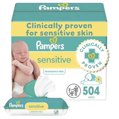 Pampers Sensitive Baby Wipes, Water Based, Hypoallergenic and Unscented, 6 Flip-Top Packs (504 Wipes Total)