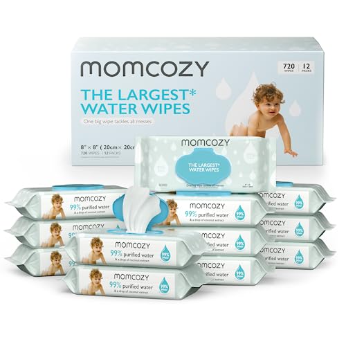 Baby Wipes, Momcozy Sensitive Water Wipes-Extra Large Size Design, One Top Two, 99% Purified Water, Unscented & Hypoallergenic, Friendly to Sensitive Skin, 12 Flip-Top Packs (720 Wipes Total)