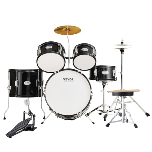 VEVOR Drum Set for Kids, Beginner Junior Drum Kit with Adjustable Throne, Sticks, Cymbal, Pedal, Tom Snare Bass, Starter Drumset for Children (Black, 5-Piece, 16 in)