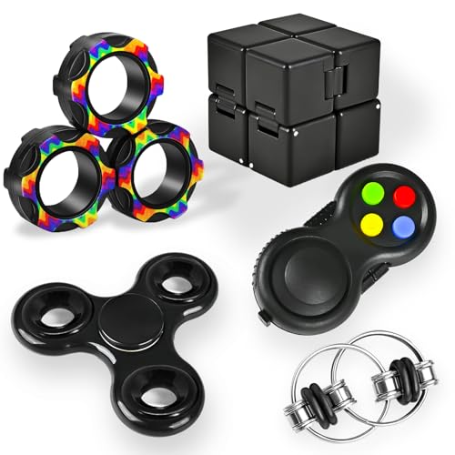 Dr.Kbder 5Pcs Fidget Toys Adults Set, Autism Sensory Toys Pack with figette Cube Magnetic Rings Fidget Pad ADHD Stress Relief Toys for Kids Teen, Cool Gadget Desk Spinner Christmas Stocking Stuffer