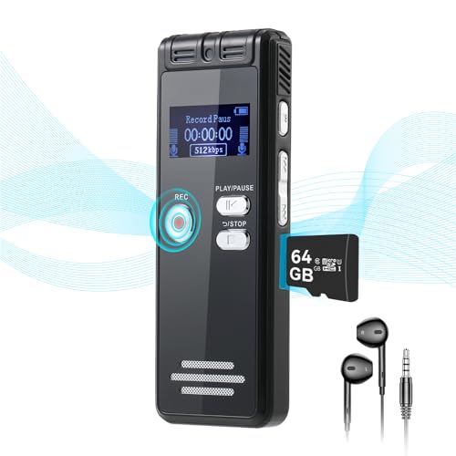 64GB Digital Voice Activated Recorder with Playback - 3072Kpbs HD Dual MIC Tape Voice Activated Recorder with Noise Reduction for Interviews/Meeting/Classes, 4608 Hours Audio Recording Device