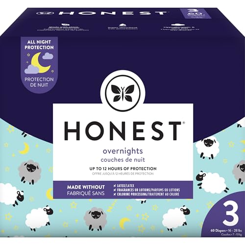 The Honest Company Clean Conscious Overnight Diapers | Plant-Based, Sustainable | Sleepy Sheep | Club Box, Size 3 (16-28 lbs), 60 Count