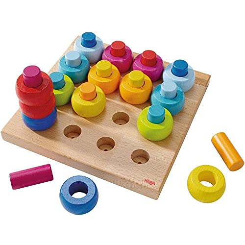 HABA Rainbow Whirls Wooden Sorting & Stacking Rings - Encourages Fine Motor Skills, Color Recognition and Patterns (Made in Germany)