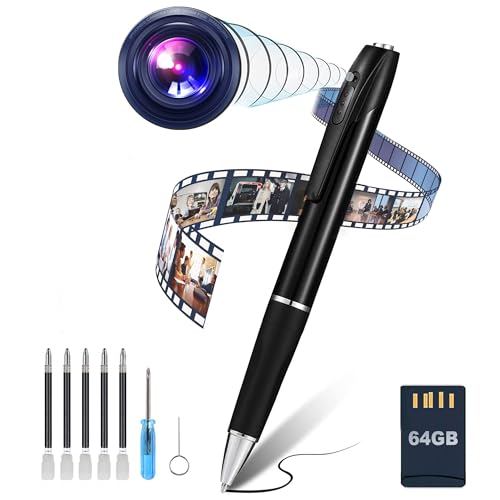 Pen camera | Mini Spy Camera Hidden Camera with 64G SD Card | 1080p Camera Pen| 200 minutes Battery Life | Rechargeable Hidden Camera Pen, Small Pocket /Nanny Cam, Body Camera with Loop Recording