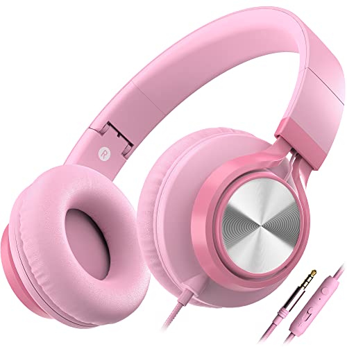AILIHEN C8 Girls Wired Headphones with Microphone and Volume Control Folding Lightweight Headset for Cellphones Tablets Smartphones Chromebook Laptop Computer PC Mp3/4 (Pink)