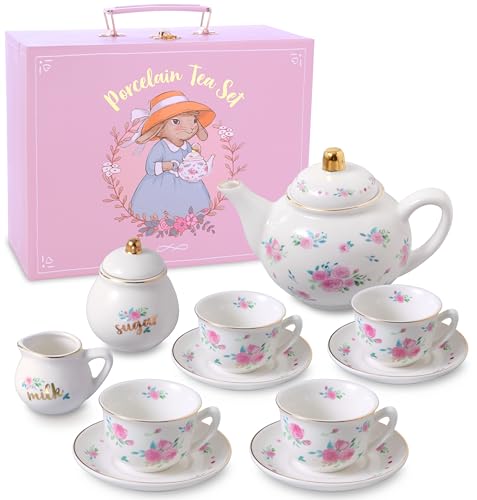 Porcelain Tea Set for Girls - White & Floral Tea Party Set for Kids I Complete Children Tea Sets with Carry Case, Teapot, Cups and More, Birthday Gift for Little Girls & Toddlers