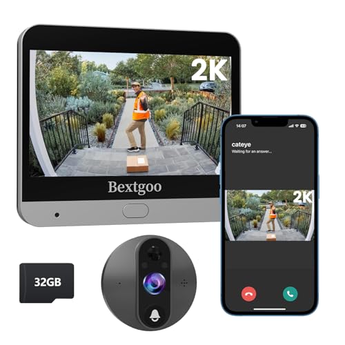 Bextgoo 2K Video Peephole Doorbell Camera with 32GB Memory Card, Door Viewer with 4.3' Color Monitor, 8000mAh Battery, 170° Wide View, Motion Detection Alerts, Night Vision