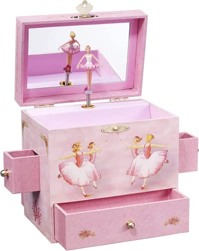 Enchantmints Ballerina Jewelry Box for Girls Musical - Kids Jewelry Box with 4 Pull out Drawers, Glass Mirror, Water Color Art & Ballerina Figurine Spinning on Swan Lake Music Tune - Pink*