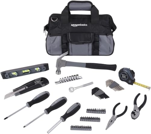 Amazon Basics 65 Piece Home Basic Repair Tool Kit Set With Bag, Silver, Black*