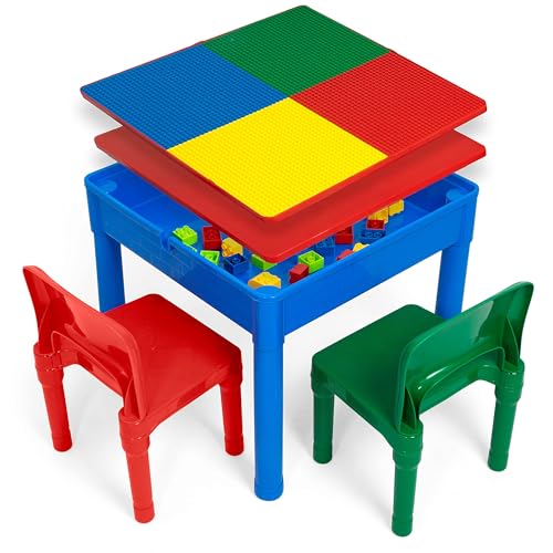 Play Platoon 5 in 1 Kids Activity Table and Chair Set- Stem Table for Toddlers with Water Table, Building Block Table, Craft & Sensory Table for Toddlers with 2 Chairs & 25 XL Blocks Yellow Red Green