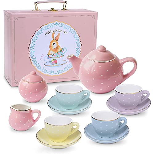 Jewelkeeper Tea Set for Little Girls 13 pcs Porcelain Tea Set for Kids Tea Time Includes Teapot , 4 Tea Cup and Saucers , Creamer and Sugar Bowl , Pastel Tea Party Set with Gold Polka Dots
