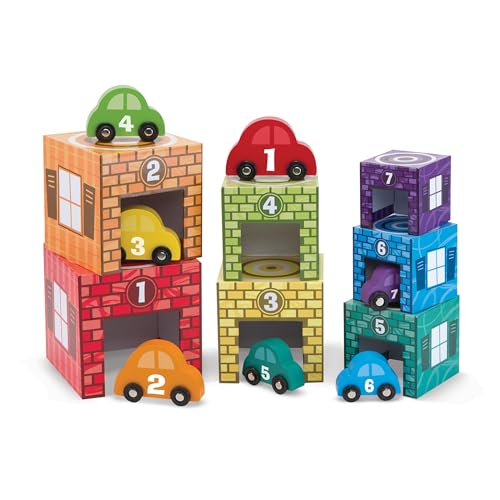 Melissa & Doug Nesting and Sorting Garages and Cars With 7 Graduated Garages and 7 Stackable Wooden Cars - FSC Certified