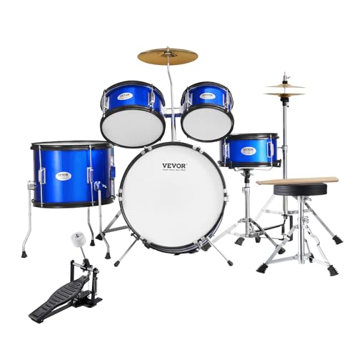 VEVOR Kids Drum Set, 5-Piece, 16 in Beginner Full Drum Set with Bass Toms Snare Floor Drum Adjustable Throne Cymbal Hi-Hat Pedal and Two Pairs of Drumsticks, Starter Drum Kit for Child Kids, Blue