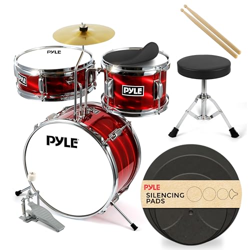 Pyle Kids Drum Set, 3 Piece Beginner Junior Drummer Kit with 13' Bass Drum, Snare, Tom, Cymbal, Adjustable Throne, Mutes, Drumsticks, Red