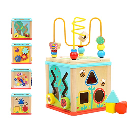 TOP BRIGHT Toys for 1 Year Old Boy and Girl Birthday Gifts, Activity Cube Wooden Educational Toys for One Year Old Bead Maze Shape Sorter