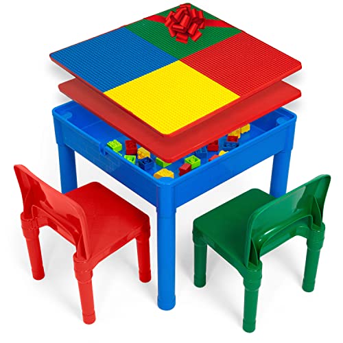 Play Platoon 5 in 1 Kids Activity Table and Chair Set for Toddlers, Building Block, Craft & Sensory Tables for Toddlers with 2 Chairs & 25 XL Blocks - Yellow Red Green