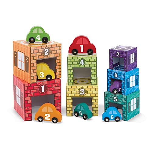 Melissa & Doug Nesting and Sorting Garages and Cars With 7 Graduated Garages and 7 Stackable Wooden Cars - Numbers Learning Toys, Garage Toy, Sorting And Stacking Toys For Toddlers Ages 2+