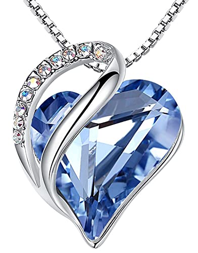 Leafael Infinity Love Heart Pendant Necklace, March & December Birthstone Crystal Necklaces for Women, Silver Tone Jewelry Gifts for Women, Light Sapphire Blue, 18-inch Chain & 2-inch Extender