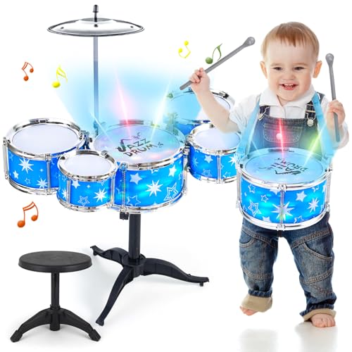 Kids Drum Set for Toddlers w/ Light (All Plastic), Musical Gifts Toys for Boys Girls, Drum Kit Musical Instrument for Beginner Music Practice, Christmas Birthday Gift Kids