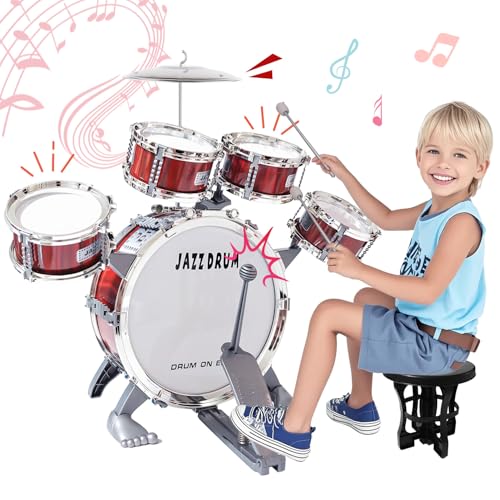 Toy Drum Set for Kids Jazz Drum Kit Music Toys for 3 4 5 Year Old Toddler Drum Set with Stool 5 Drums Percussion Musical Instruments Toys for Boys Girls Christmas Birthday Gifts Ages 3-5