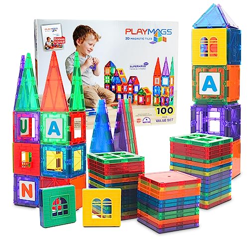 Playmags 100-Piece Magnetic Tiles Building Blocks Set, 3D Magnet Tiles for Kids Boys Girls, Educational STEM Toys for Toddlers…*