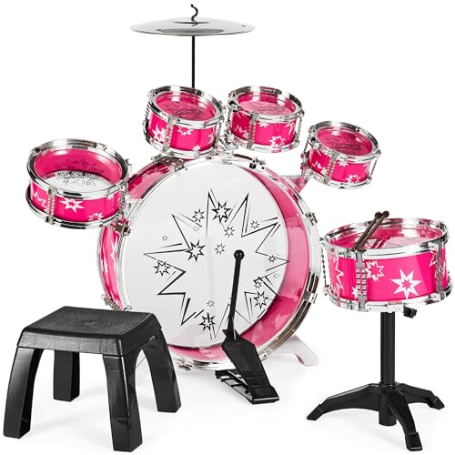 Best Choice Products 11-Piece Kids Beginner Drum Kit, Musical Instrument Toy Drum Set for Music Practice w/Bass, Toms, Snare, Cymbal, Stool, Stand Drumsticks - Pink