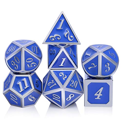 DnDnD Dungeons and Dragons Metal Dice Set,DND 7 die Solid Dice with Gift Metal Tin for D&D Pathfinder Roll Playing Games Dice Collector Board Game Player (Azure with Silver Frame)