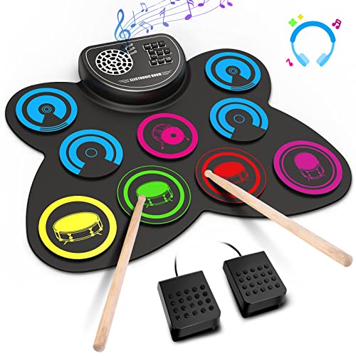 Electronic Drum Set, EKEMOND 9 Drum Practice Pad with Headphone Jack, Roll-up Drum Pad Machine Built-in Speaker Drum Pedals Drum Sticks 10 Hours Playtime, Ideal Christmas Holiday Gift for Kids