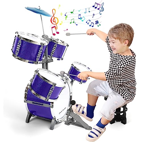 M SANMERSEN Kids Toys Jazz Drum Set - Upgraded Rock Drum Kit with Stool Musical Instruments Educational Birthday Christmas Toys Gifts for Toddlers Child Boys Girls Aged 3 4 5 6 7 8 Year Old