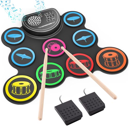 Sboet Electronic Drum Set, 9-Drum Practice Pad with Headphone Jack, Roll-up Drum Kit Machine with Built-in Speaker Drum Pedals and Sticks 10 Hours Playtime, Great Christmas Holiday Gift for Kids