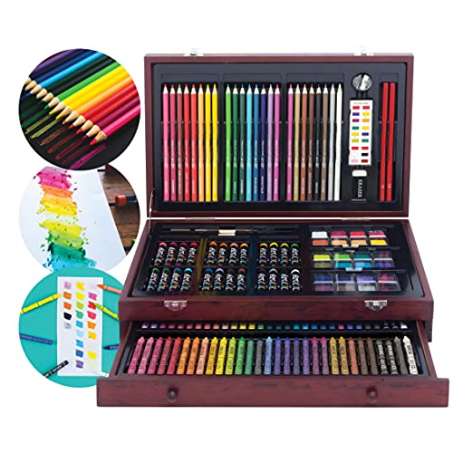 Art 101 Doodle and Color 142 Pc Art Set in a Wood Carrying Case, Includes 24 Premium Colored Pencils, A variety of coloring and painting mediums: crayons, oil pastels, watercolors; Portable Art Studio*