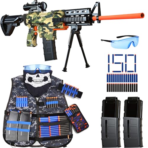 Vioofun Toy Gun for Nerf Guns Bullets Automatic Sniper Rifle -3 Modes Toy Foam Blasters with Tactical Vest, Bipod, 2 Clips and 150 Darts, Electric Toys for Adults Boys Age 8-12 Gifts for Birthday Xmas
