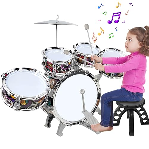 Raimy Kids Drum Set for Toddlers with 5 Piece High Drums, Mini Jazz Drumset Kit Musical Instruments Toy for Age 3 4 5 6 7 8 9 10 11 12 Year Old Boys Girls Baby Children