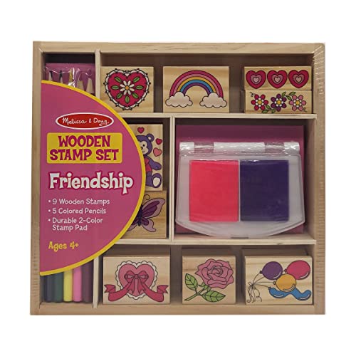 Melissa & Doug Wooden Stamp Set: Friendship - 9 Stamps, 5 Colored Pencils, and 2-Color Stamp Pad